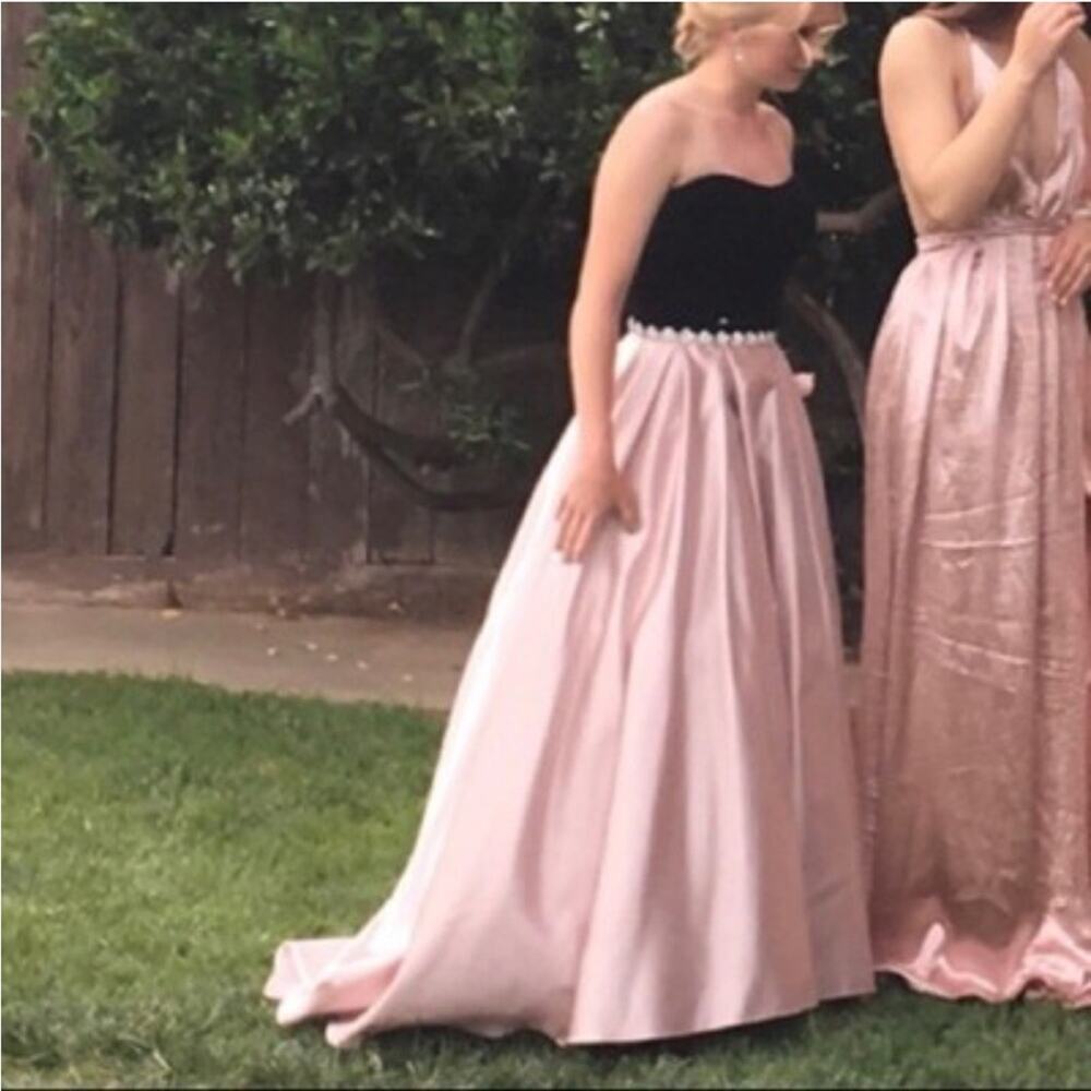 Betsy & Adam Pink Satin Black Velvet Jeweled Waist A Line Ballgown Strapless 4